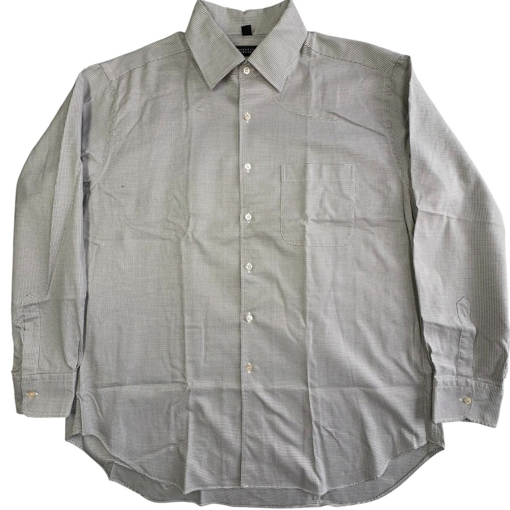 Barneys New York Dress Shirt Mens 17.5 Olive Green Beige Houndstooth Italy